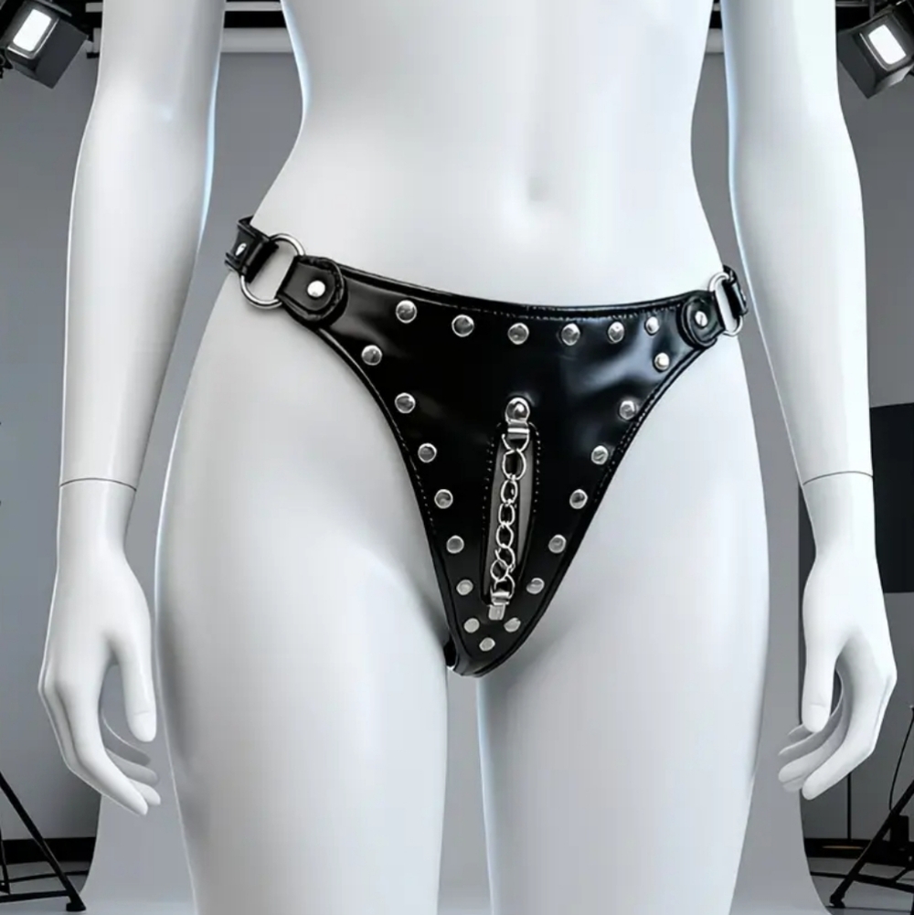 Studded Faux Leather G-string Panties W/Peekaboo Chain Cutout & Large O-rings-OS